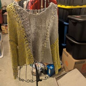 Open-Knit Gray and Yellow Colorblock Scoop Neck Sweater
